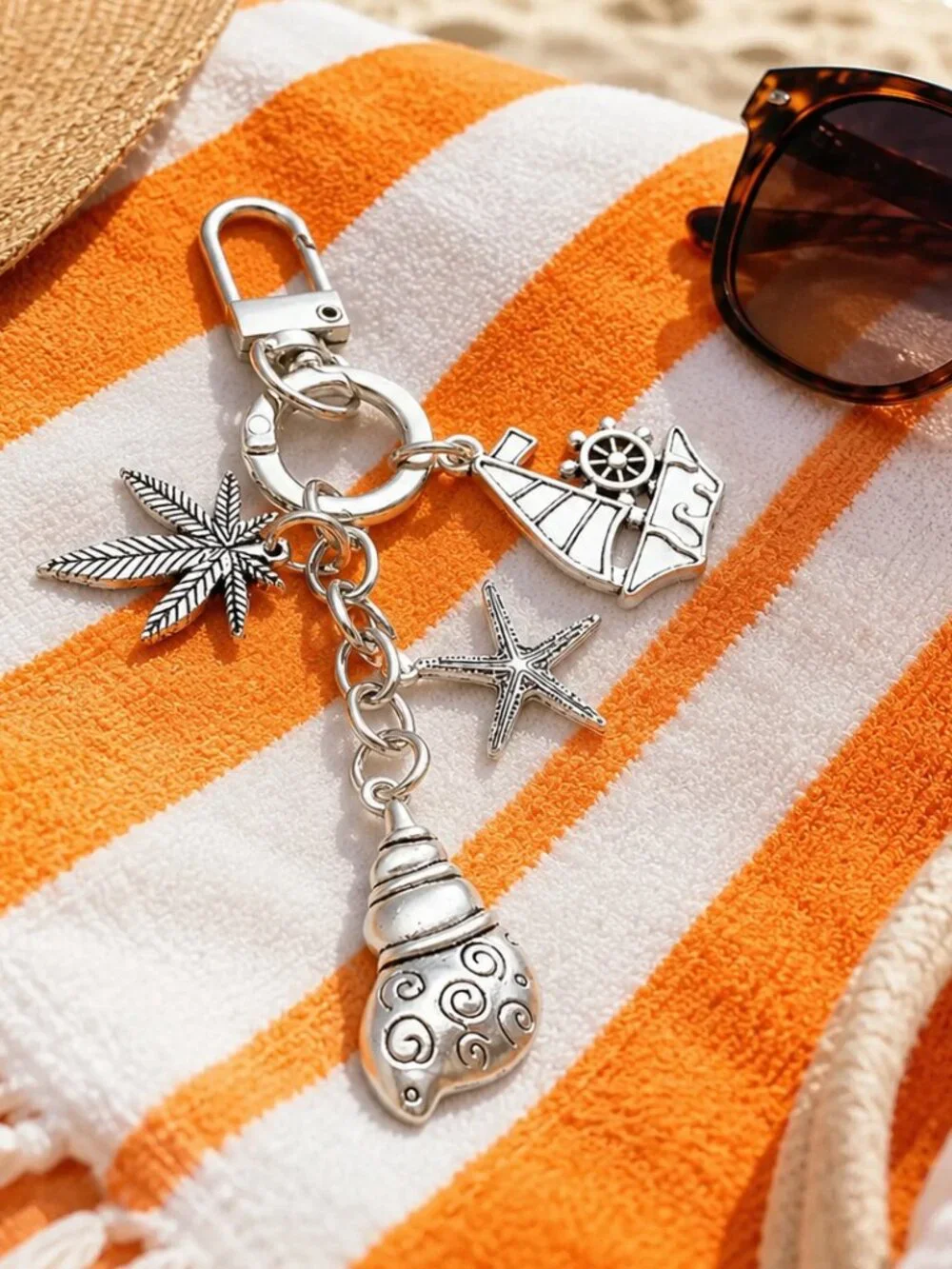 Silver Starfish Sailboat Conch Seashell Nautical Beach Keychain Bag Charm NEW